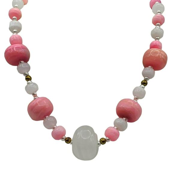 Pink & White Banded Quartz Necklace Chunky Crystal Stone Beaded Choker 20" Vtg - Picture 3 of 6